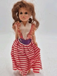 Vintage Small Vinyl Doll  Striped Red White Dress Fringed Top Pigtails