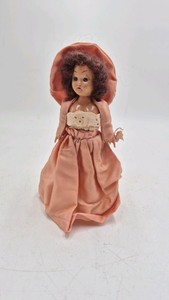 Vintage Miniature Doll  Peach Satin Dress with Oversized Bonnet