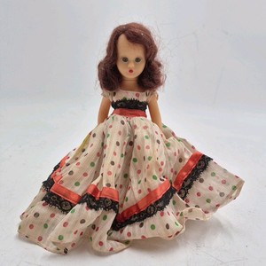 Vintage Storybook Doll  Polka Dot Dress with Black Lace Trim