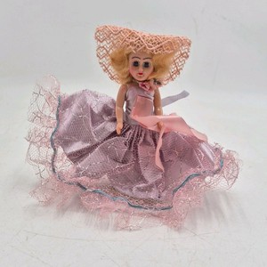 Vintage Miniature Doll  Pink Satin Dress with Net Overskirt and Large Bow Hat