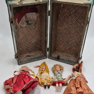 Vintage Small Dolls in Green Travel Trunk  Mesh Interior and Hinged Lid