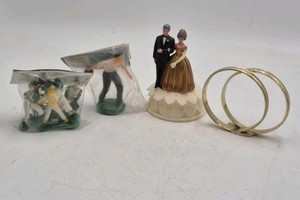 Vintage Miniature Cake Toppers and Wedding Rings  Bride Groom Bowler and Football Players