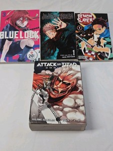 Manga Lot  Blue Lock Vol 3, Jujutsu Kaisen Vol 1, Demon Slayer Vol 1, Attack on Titan Omnibus 1