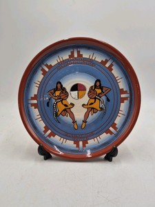 Vintage Native American Style Pottery Plate  Two Dancing Figures Turquoise Center