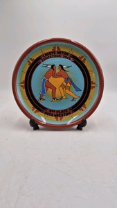 Vintage Native American Style Pottery Plate  Two Feathered Figures Dancing Circle Border