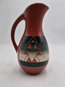 Vintage Sioux Pottery Pitcher  Geometric Triangle Pattern Signed Eaglehawk