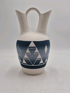 Handmade Pottery Pitcher  Geometric Blue and White Design Signed