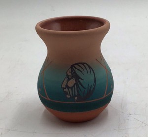 Vintage Sioux Pottery Vase  Teal Gradient Geometric Crosses Signed