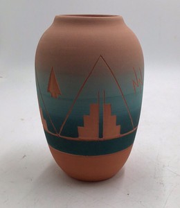Vintage Sioux Pottery Vase  Teal Gradient Stepped Pueblo Design Signed
