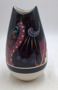 Vintage Sioux Pottery Vase  Native American Headdress Bison Motif