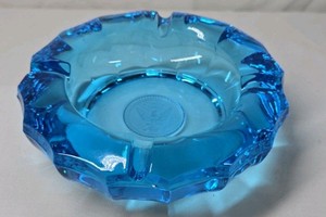 Vintage Blue Glass Ashtray  Scalloped Rim Embossed Eagle Medallion