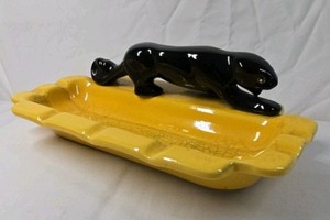 Vintage Yellow Ceramic Ashtray with Black Panther Figurine