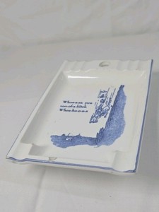 Vintage Humorous Ceramic Ashtray  Cowboy Falling Off Cliff Cartoon Blue Print