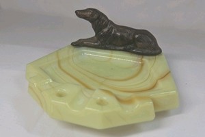 Vintage Onyx Ashtray  Bronze Figurine
