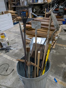 Large Lot Yard & Garden Tools  Shovels, Rakes, Pitchfork, Pickaxe, Sledgehammer, Hoe, Grain Scoop & Ice Scraper