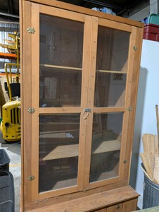 Vintage Custom Wood Display Cabinet w Glass Doors & Storage Base  6ft Tall  Rustic  Primitive Style