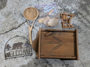 Vintage Northwoods Cabin Decor Lot  Welcome Wall Art, Wooden Tray, MN Wall Hanging, Rustic Crafts & Basket