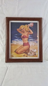 Framed Pin-Up Print  Blonde in Red Polka Dot Bikini on Beach