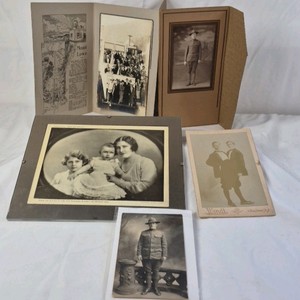 Vintage Mounted Photographs and Folder  Early 20th-Century Family and Military Portraits