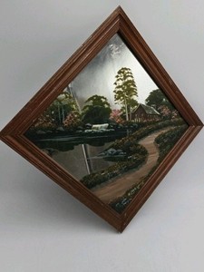 Diamond-Shaped Framed Painted Mirror  Signed K. Cumes