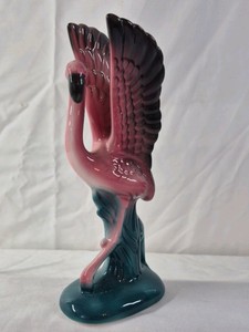 1983 Flamingo Figurine  Pink to Teal Glaze with Raised Wings