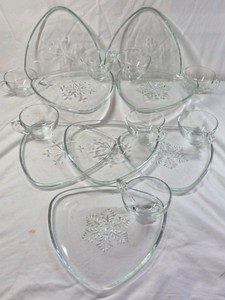 Vintage Glass Snowflake Triangular Plates with Attached Cups