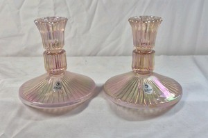 Vintage Iridescent Glass Candlestick Holders  Pink Fenton Handmade USA