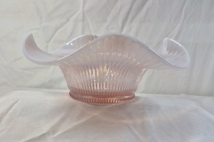 Fenton Pink Opalescent Glass Bowl  Ruffled Rim with Ribbed Pattern