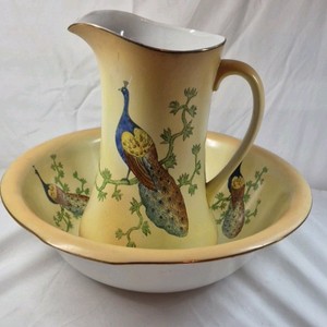 Vintage Earthenware Pitcher and Basin  Peacock Design E.P.Co. Stoke-on-Trent England