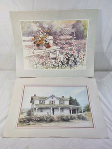 Matted Print Set  Country Cottage and Flower Garden Scenes