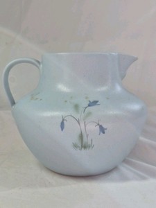 Vintage Stoneware Pitcher  Light Blue Glaze with Hand-Painted Bluebell Design