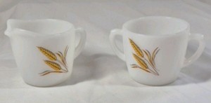 Vintage Fire King Milk Glass Creamer and Sugar  Golden Wheat Pattern
