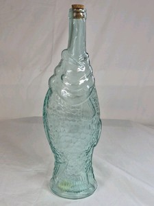 Vintage Aqua Glass Fish Bottle with Cork Stopper