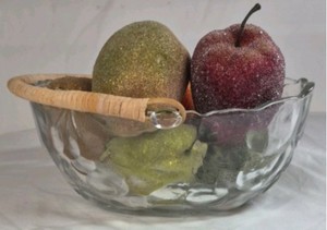 Vintage Glass Fruit Bowl  Embossed Fruit Design with Rattan Handle