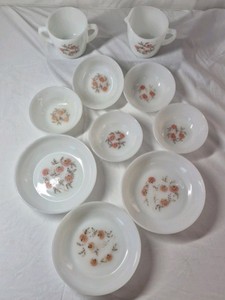 Vintage Fire-King Ware Milk Glass Dishes  Pink Floral Pattern