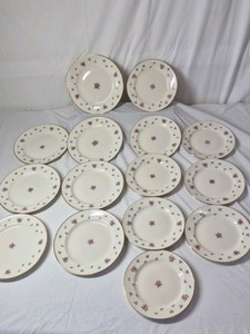 Vintage Porcelain Dinner Plates  Rambler Rose Pattern with Pink Floral Centers