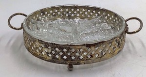 Vintage Glass Relish Tray  Starburst Pattern with Brass Holder