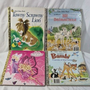 Little Golden Books Set  Tawny Scrawny Lion, 101 Dalmatians, Barbie Mariposa, Bambi Friends of the Forest
