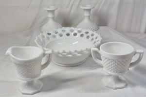 Fenton Hobnail Milk Glass Table Set  Creamer, Sugar, Bowl, Candlesticks