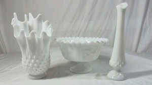 Fenton Hobnail Milk Glass Vases and Bowl