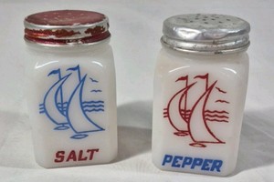 Vintage Sailboat Salt and Pepper Shakers  Milk Glass