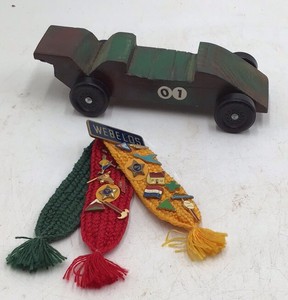 Vintage Webelos Pinewood Derby Car with Braided Neckerchief and Pins