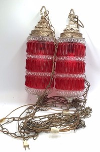 Vintage Hanging Swag Lamps  Red Glass with Brass Accents