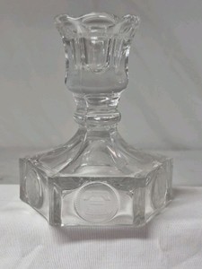 Vintage Glass Candlestick  Hexagonal Base with Coin Medallions