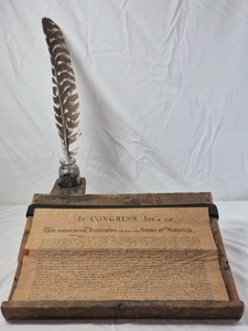 Vintage Wooden Desk Stand with Quill Pen and Declaration Replica