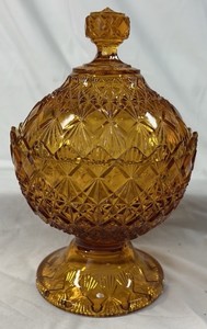 Vintage Amber Glass Covered Candy Dish  Diamond Pattern Pedestal