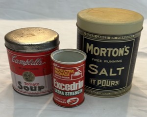 Vintage Advertising Tins  Campbells, Excedrin, Mortons