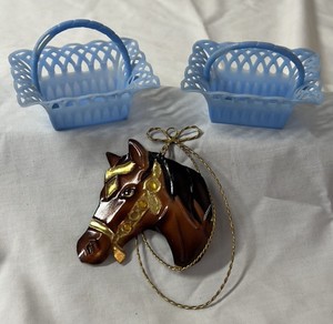 Blue Plastic Basket Pair and Horse Ornament