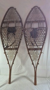 Vintage Wooden Snowshoes  Teardrop Shape with Leather Bindings