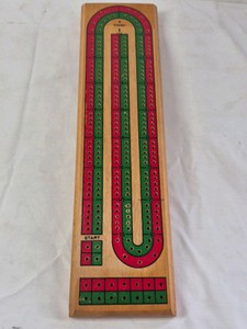 Vintage Wooden Cribbage Board  U-Shaped Track with Painted Scoring Lanes
